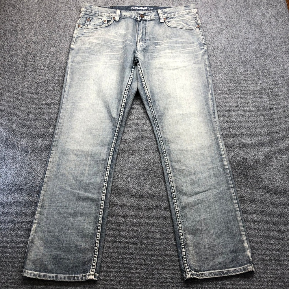 Flypaper Mens Straight Leg Jeans 36x32 Light Wash Distressed Denim Blue